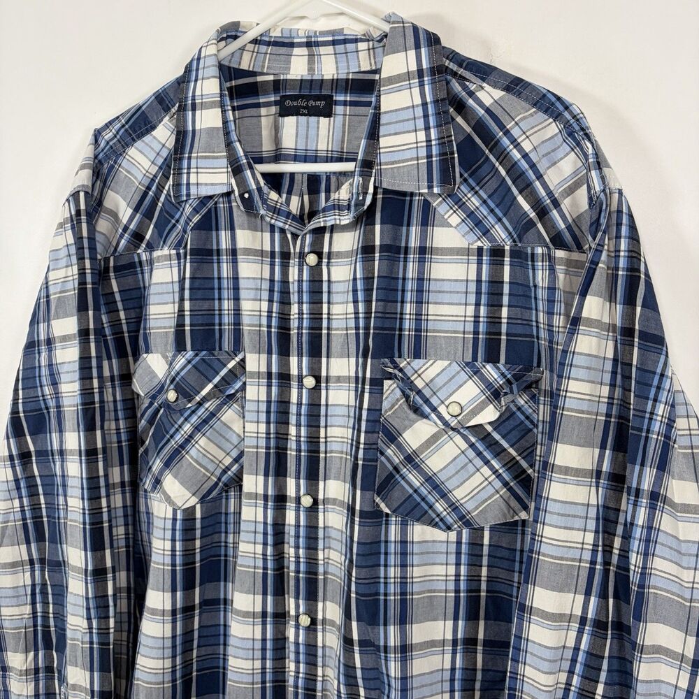 Double Pump Pearl Snap Western Shirt Mens Size 2XL XXL Blue Plaid Long Sleeve